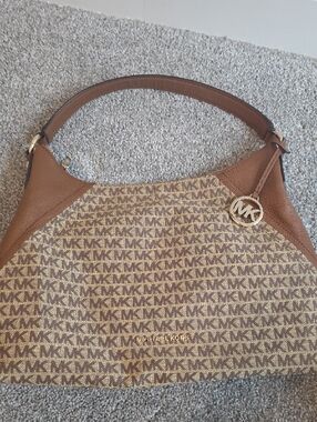Michael Kors Brown MK Logo Hobo Shoulder Bag with Tan Leather Trim